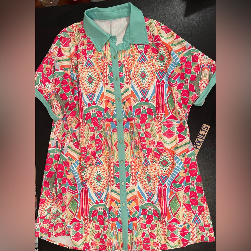 Vibrant Multicolor Mini Dress with Aqua Trim